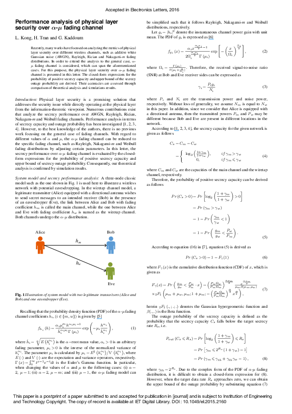 (PDF) Performance analysis of physical layer security over α–μ fading ...