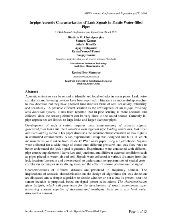 (PDF) In-pipe Acoustic Characterization of Leak Signals in Plastic ...