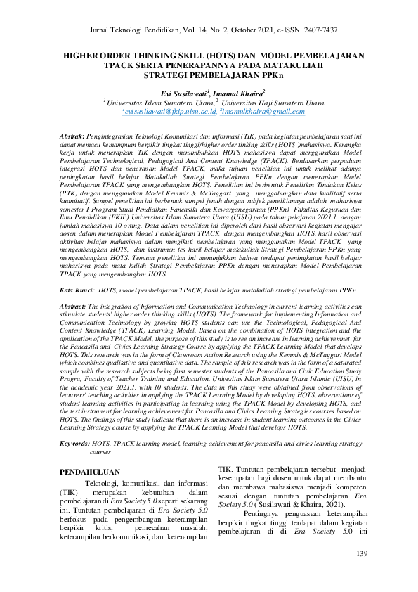 (PDF) HIGHER ORDER THINKING SKILL (HOTS) DAN MODEL PEMBELAJARAN TPACK ...