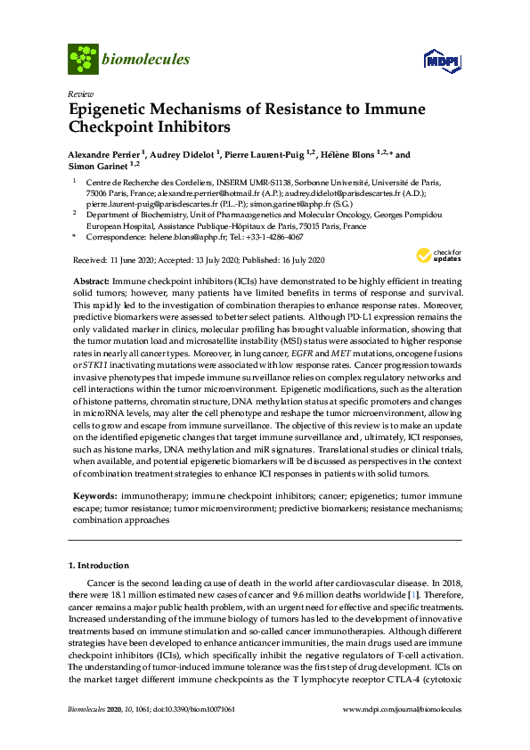 (PDF) Epigenetic Mechanisms of Resistance to Immune Checkpoint Inhibitors