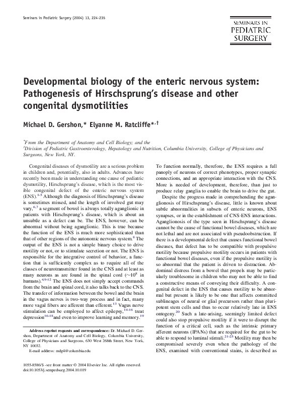 (PDF) Developmental biology of the enteric nervous system: pathogenesis ...