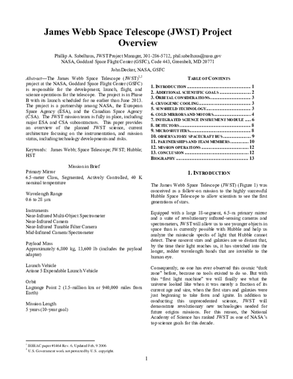 (PDF) An overview of the James b space telescope (JWST) project Matthew Greenhouse
