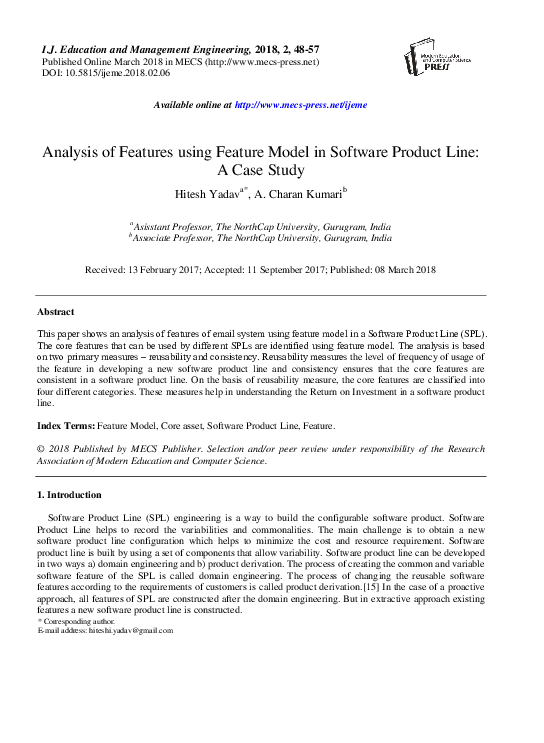 (PDF) Analysis of Features using Feature Model in Software Product Line ...