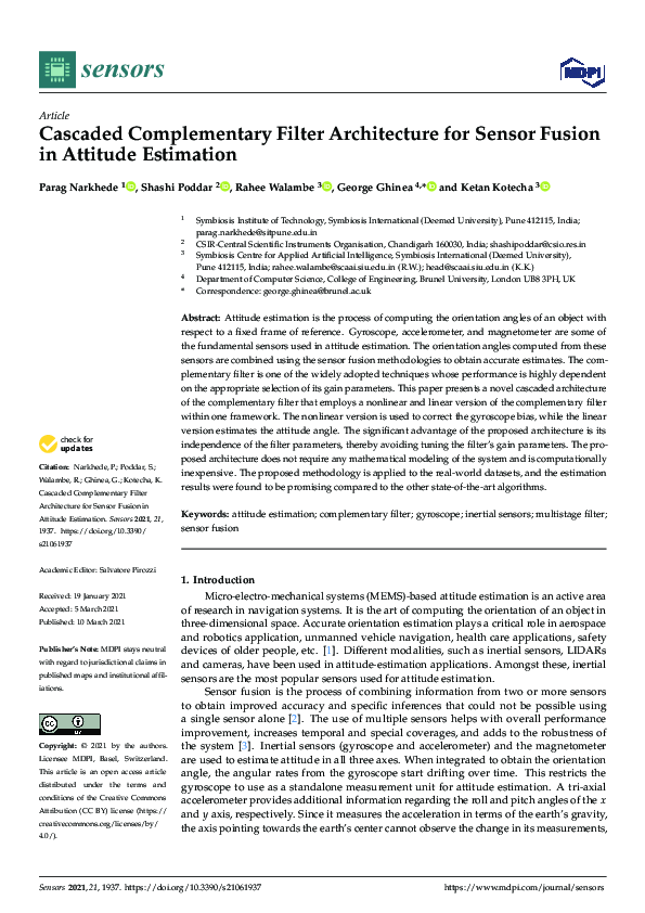 (PDF) Cascaded Complementary Filter Architecture for Sensor Fusion in ...