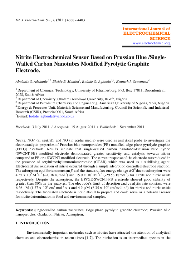 (PDF) Nitrite Electrochemical Sensor Based on Prussian Blue/Single ...