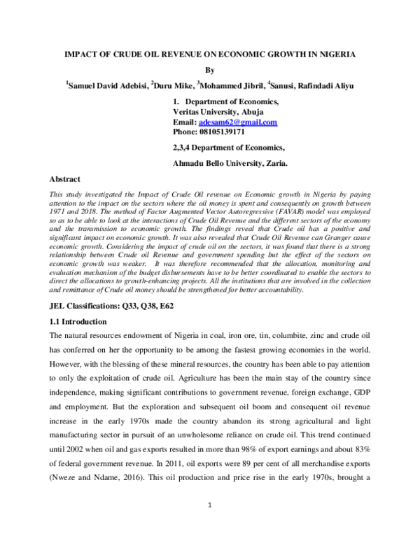 (PDF) IMPACT OF CRUDE OIL REVENUE ON ECONOMIC GROWTH IN NIGERIA