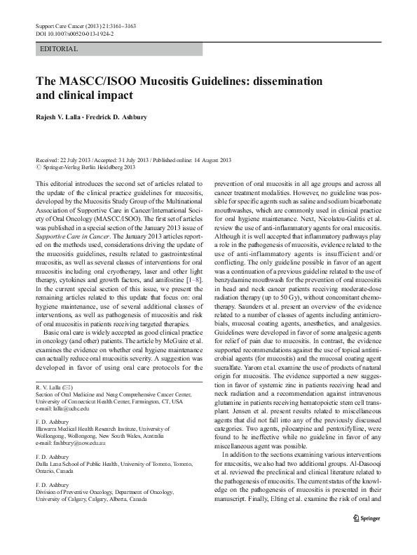 (PDF) The MASCC/ISOO Mucositis Guidelines: dissemination and clinical ...