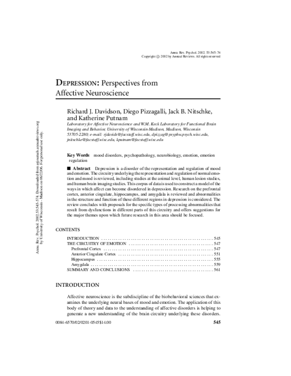 (PDF) Depression: Perspectives from Affective Neuroscience