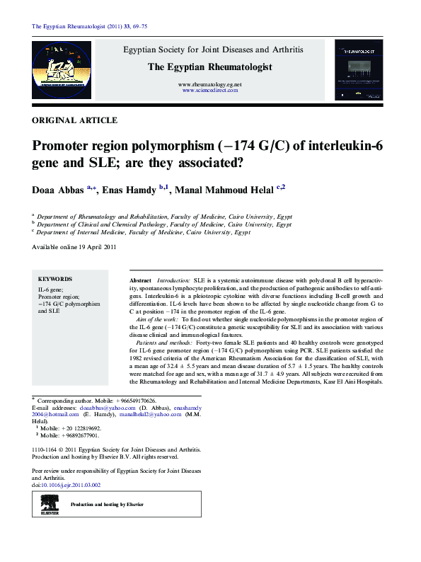 (PDF) Promoter region polymorphism (-174 G/C) of interleukin-6 gene and ...