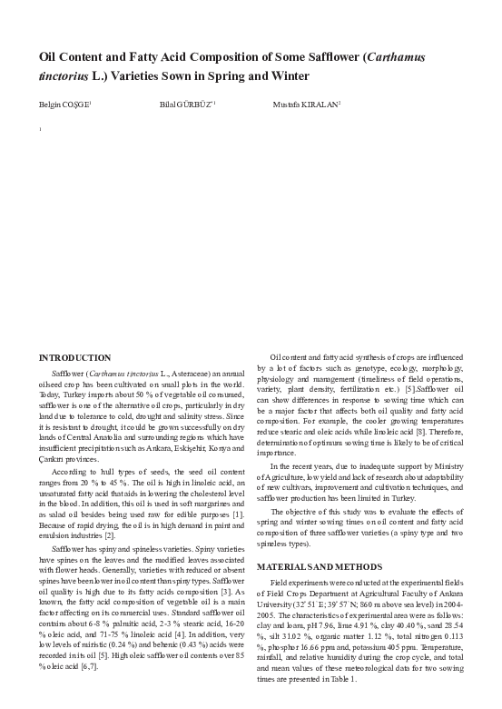 (PDF) Oil Content and Fatty Acid Composition of Some Safflower