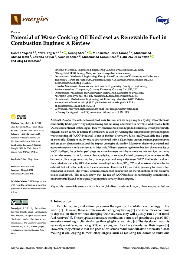 (PDF) Potential of Waste Cooking Oil Biodiesel as Renewable Fuel in ...