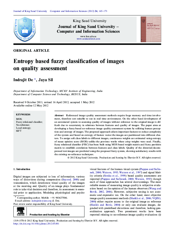 (PDF) Entropy based fuzzy classification of images on quality assessment