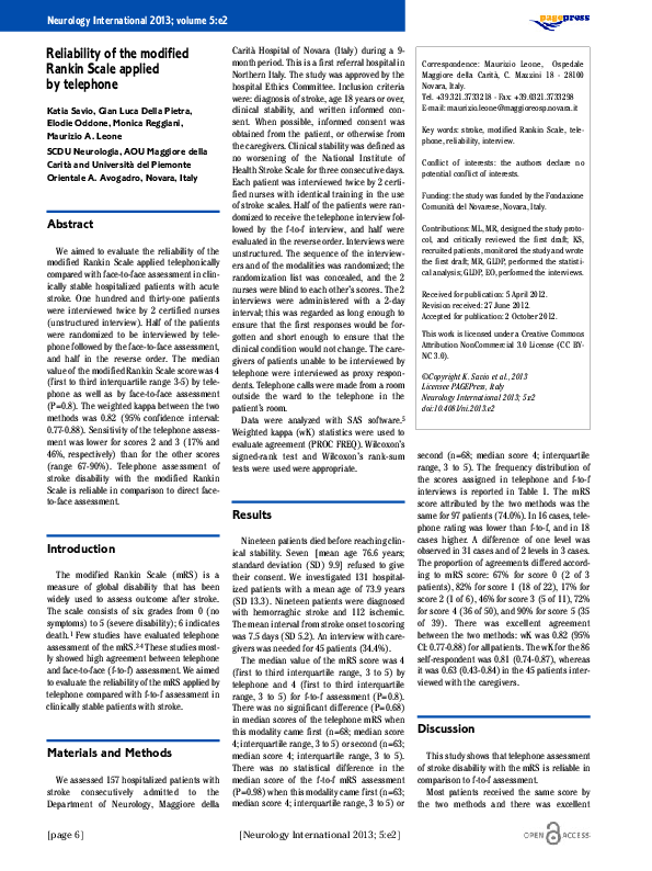 (PDF) Reliability of the modified Rankin Scale applied by telephone