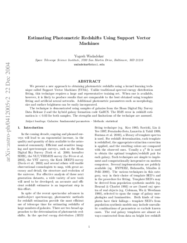 (PDF) Estimating Photometric Redshifts Using Support Vector Machines