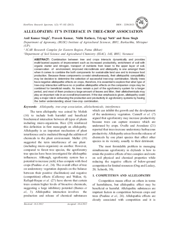 (PDF) ALLELOPATHY: IT’S INTERFACE IN TREE-CROP ASSOCIATION. by Anil ...