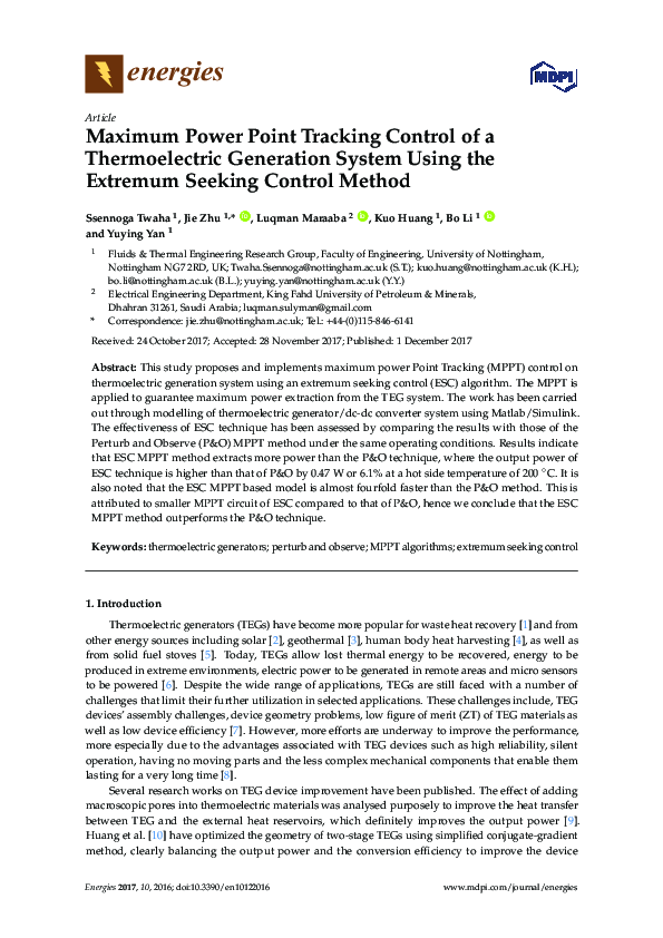 (PDF) Maximum Power Point Tracking Control of a Thermoelectric ...