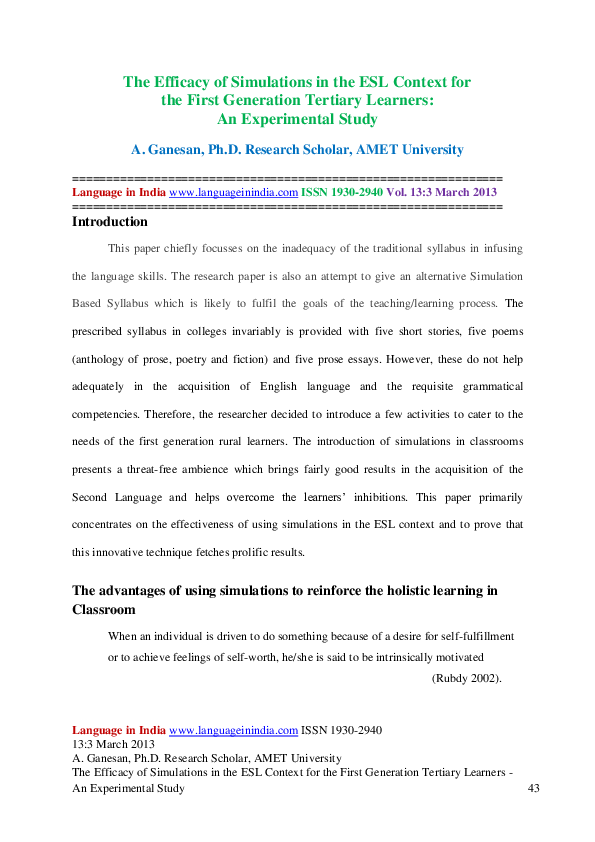 (PDF) The Efficacy of Simulations in the ESL Context for the First ...