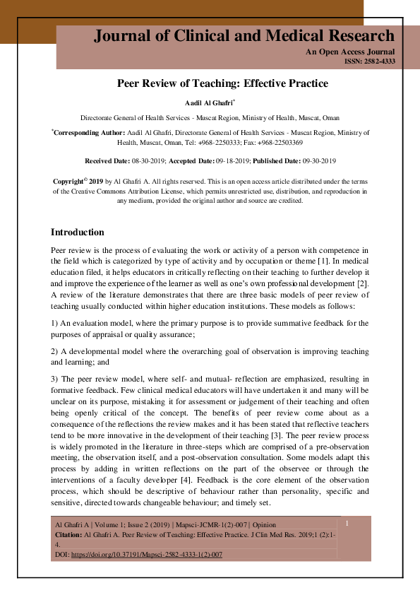 (PDF) Peer Review of Teaching: Effective Practice