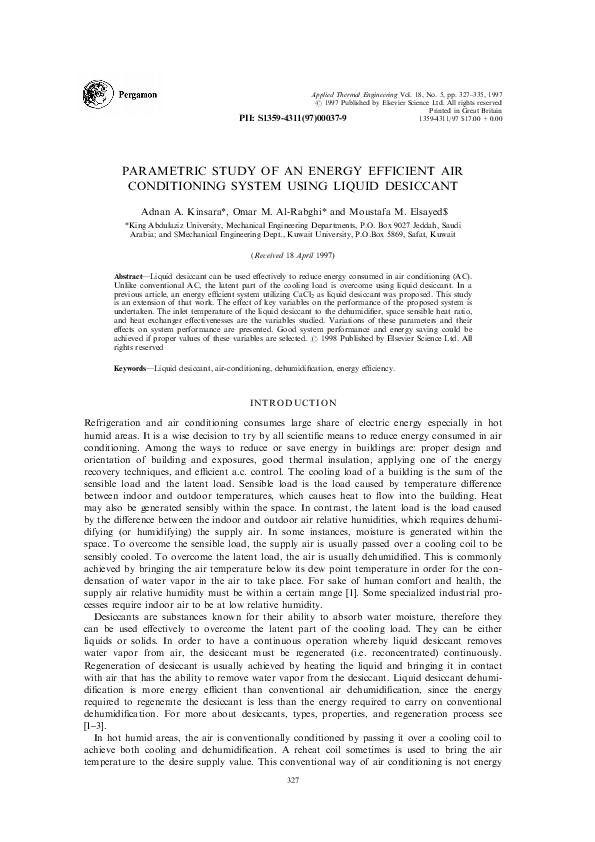 (PDF) Parametric study of an energy efficient air conditioning system using liquid desiccant