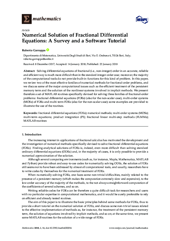 (PDF) Numerical Solution of Fractional Differential Equations: A Survey ...
