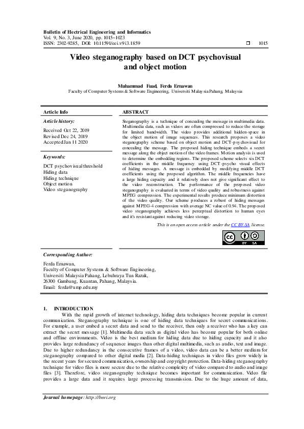 (PDF) Video steganography based on DCT psychovisual and object motion