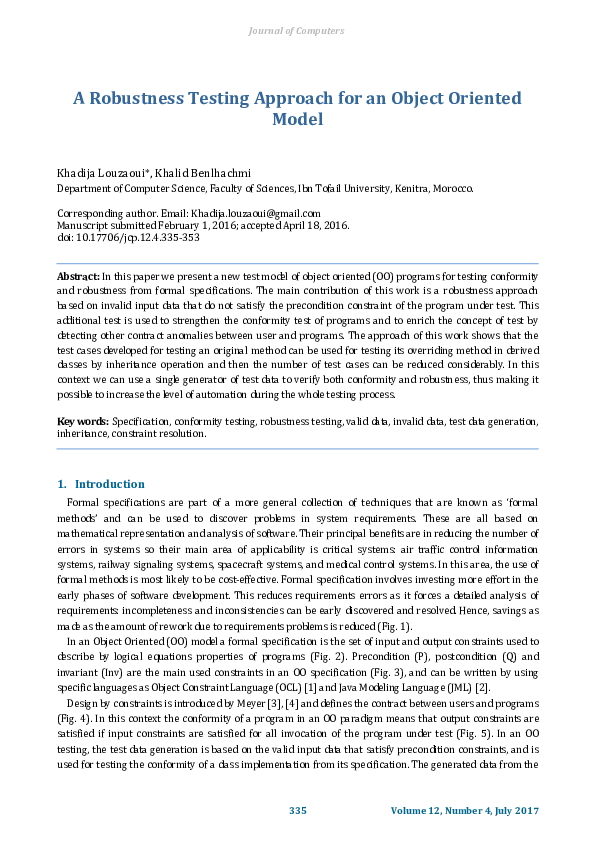 (PDF) A Robustness Testing Approach for an Object Oriented Model