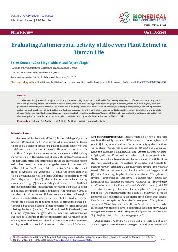 (PDF) Evaluating Antimicrobial activity of Aloe vera Plant Extract in ...
