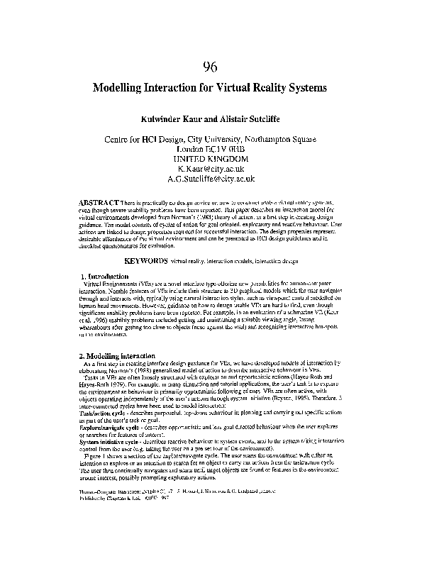 (PDF) Modelling Interaction for Virtual Reality Systems