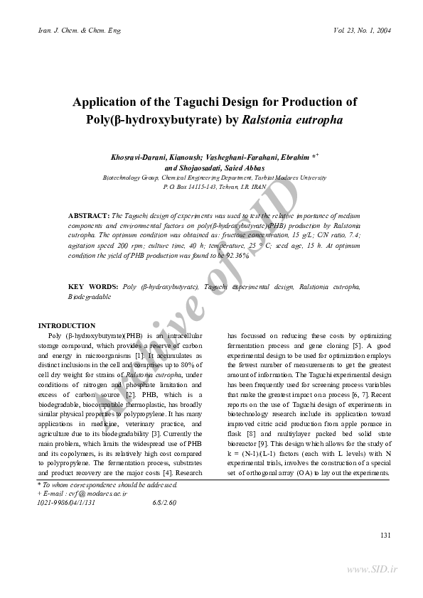 (PDF) Application of the Taguchi Design for Production of Poly (β ...