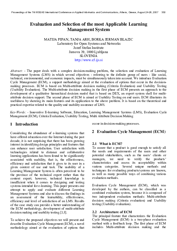 (PDF) Evaluation and selection of the most applicable learning ...