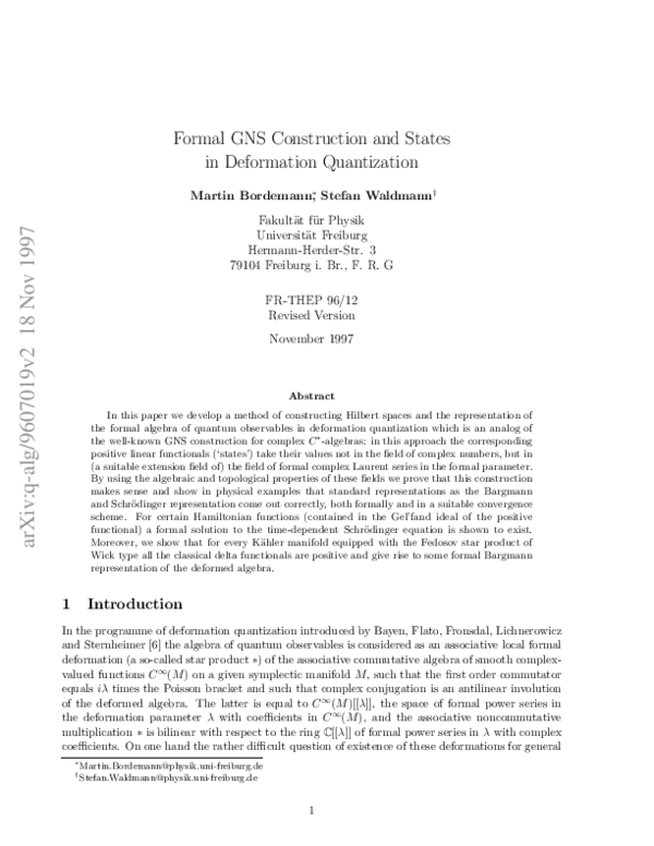 (PDF) Formal GNS construction and states in deformation quantization