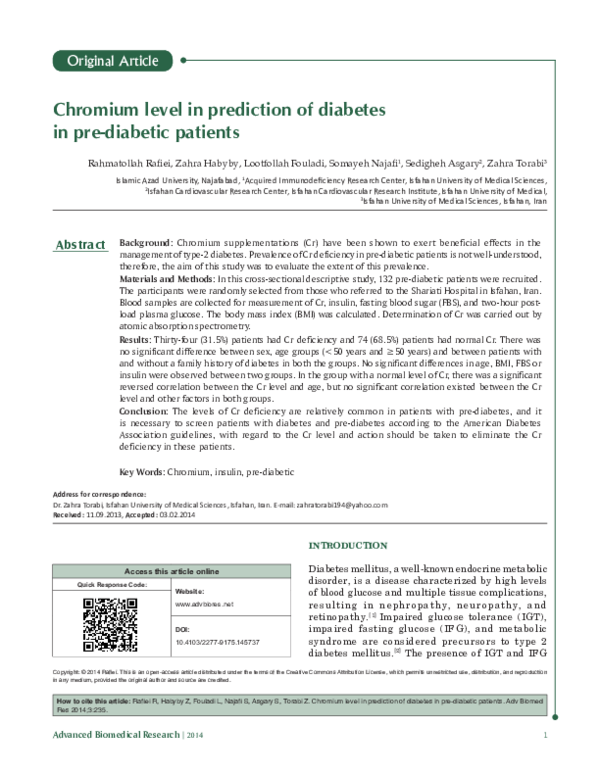 (PDF) Chromium level in prediction of diabetes in pre-diabetic patients