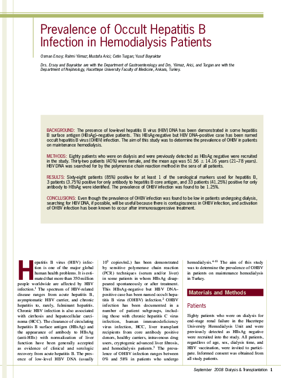 (PDF) Prevalence of Occult Hepatitis B Infection in Hemodialysis Patients