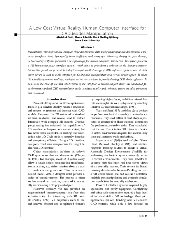 (PDF) A Low Cost Virtual Reality Human Computer Interface For Cad Model ...