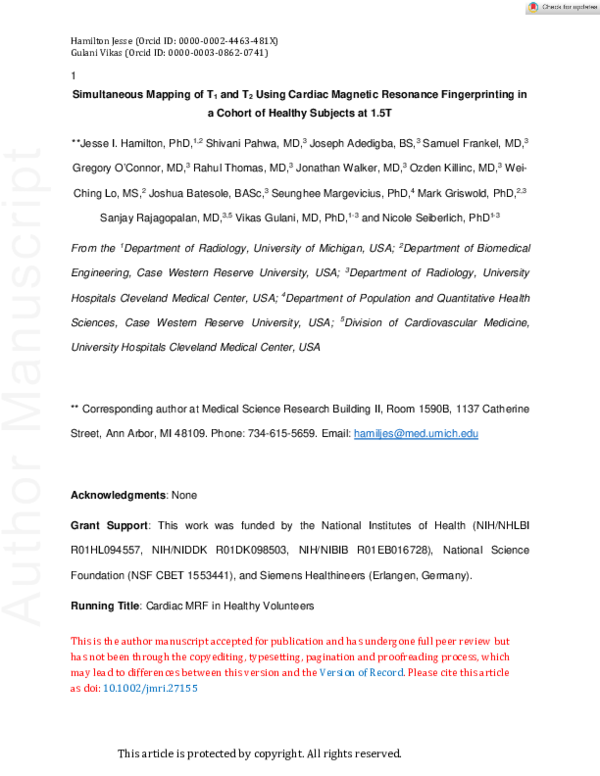 (PDF) Simultaneous Mapping of T 1 and T 2 Using Cardiac Magnetic ...
