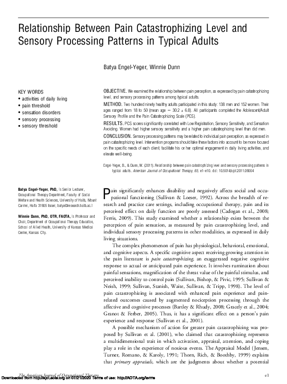 (PDF) Relationship Between Pain Catastrophizing Level and Sensory ...