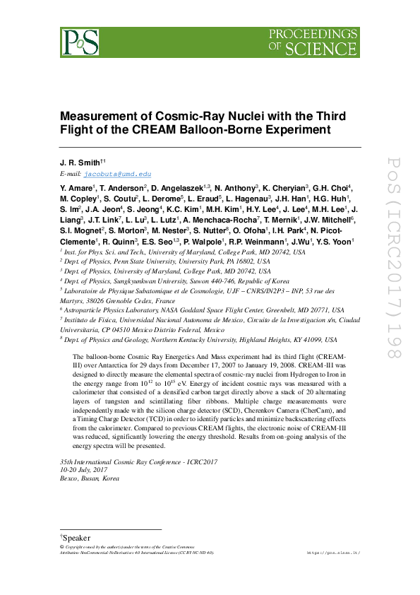 (PDF) Measurement of CosmicRay Nuclei with the Third Flight of the CREAM BalloonBorne