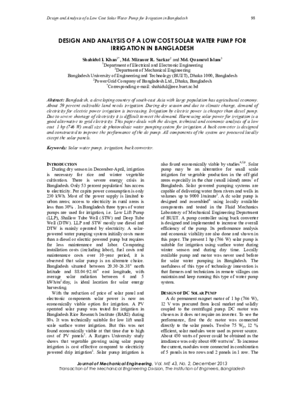 (PDF) Design and Analysis of a Low Cost Solar Water Pump for Irrigation ...