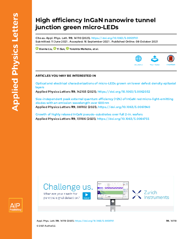 (PDF) High efficiency InGaN nanowire tunnel junction green microLEDs