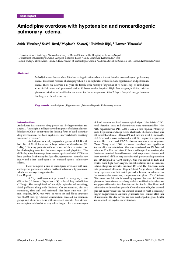 (PDF) Amlodipine overdose with hypotension and noncardiogenic pulmonary