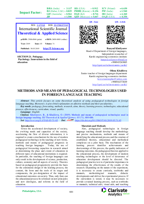 (PDF) Methods and Means of Pedagogical Technologies Used in Foreign ...