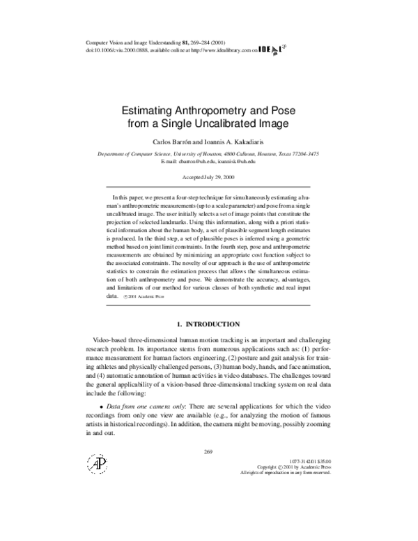 (PDF) Estimating Anthropometry and Pose from a Single Uncalibrated Image