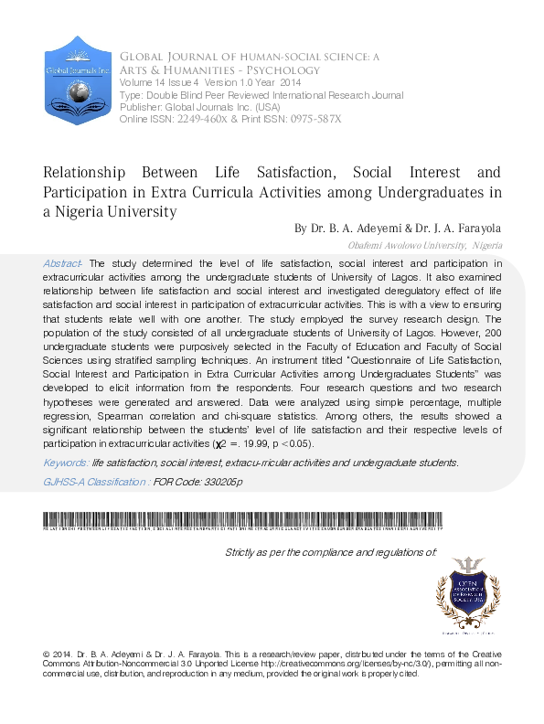 (PDF) Relationship Between Life Satisfaction, Social Interest and ...