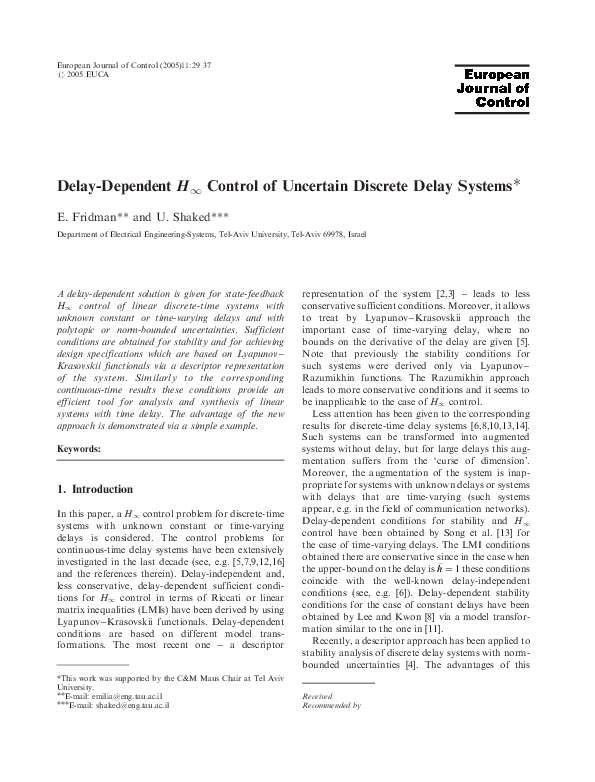 (PDF) Delay-Dependent H∞ Control of Uncertain Discrete Delay Systems
