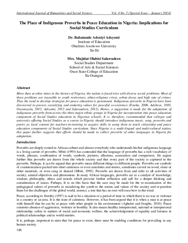 (PDF) The Place of Indigenous Proverbs in Peace Education in Nigeria ...