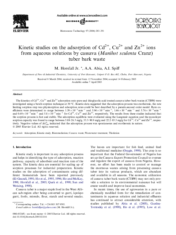 (PDF) Kinetic studies on the adsorption of Cd2+, Cu2+ and Zn2+ ions ...