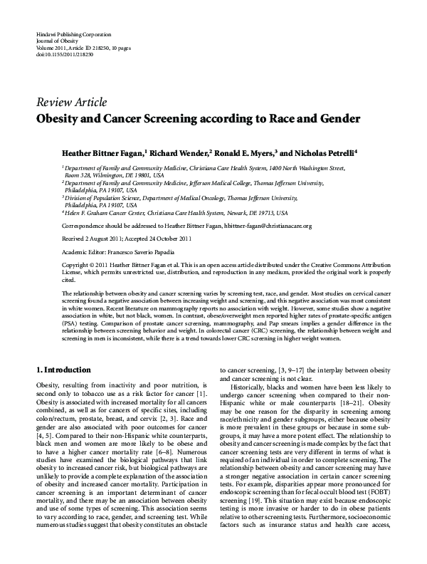 (PDF) Obesity and Cancer Screening according to Race and Gender