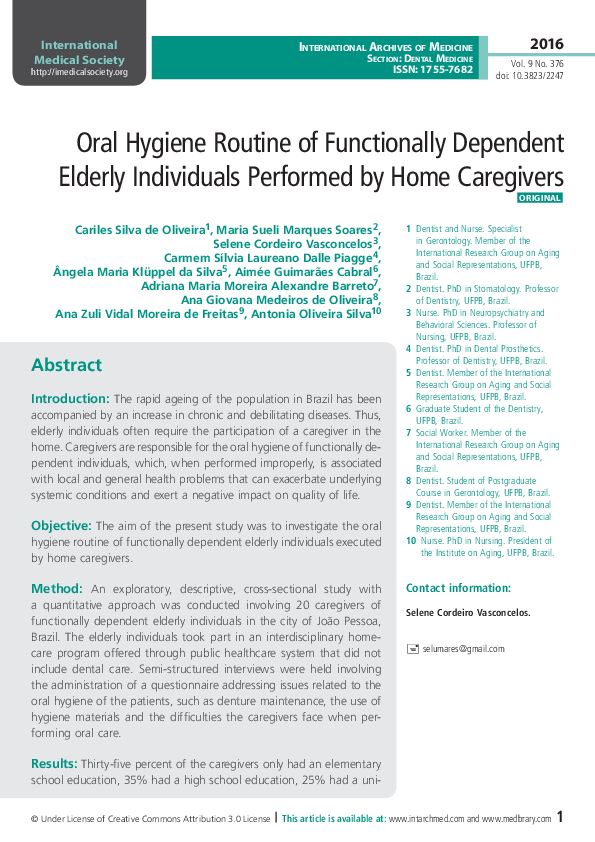 (PDF) Oral Hygiene Routine of Functionally Dependent Elderly ...