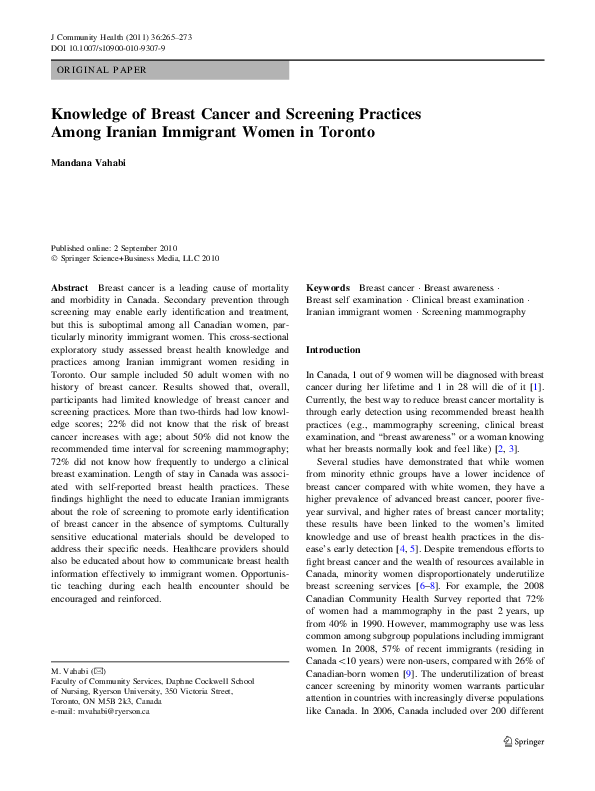 (PDF) Knowledge of Breast Cancer and Screening Practices Among Iranian ...
