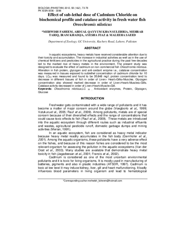 (PDF) Effect of sub-lethal dose of Cadmium Chloride on biochemical ...